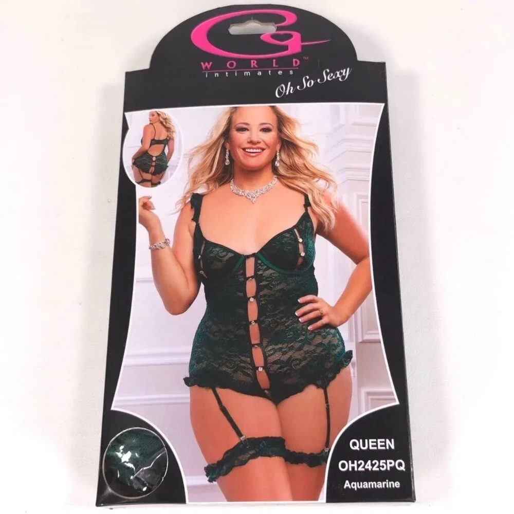 Green Lace‎ Peekaboo Teddy Snap Crotch w/ Garters Plus Size G World OH2425PQ
